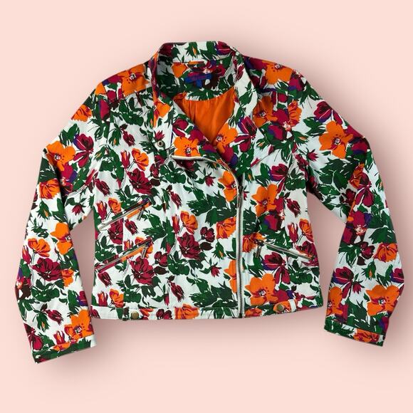 Twiggy London Red Floral Moto Zip Crop Denim Jean Jacket White Medium Spring - Picture 1 of 5